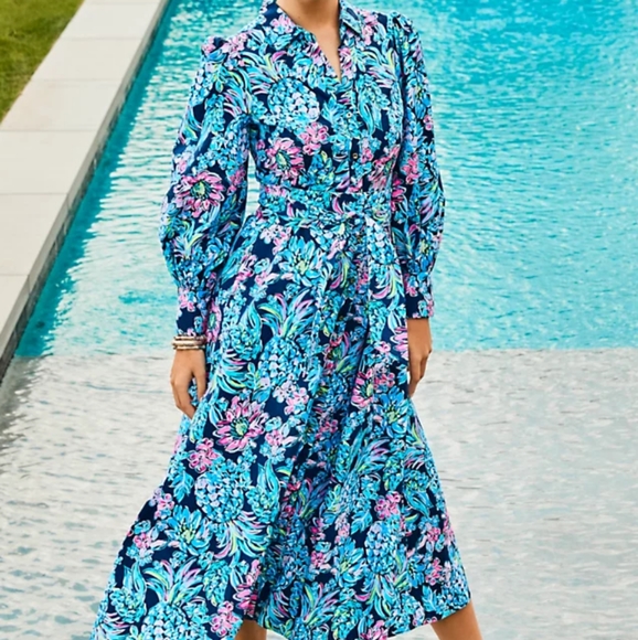 Lilly Pulitzer Dress Mira Shirt Stretch 6 Small Pineapple Paradise Blue High - Picture 6 of 10